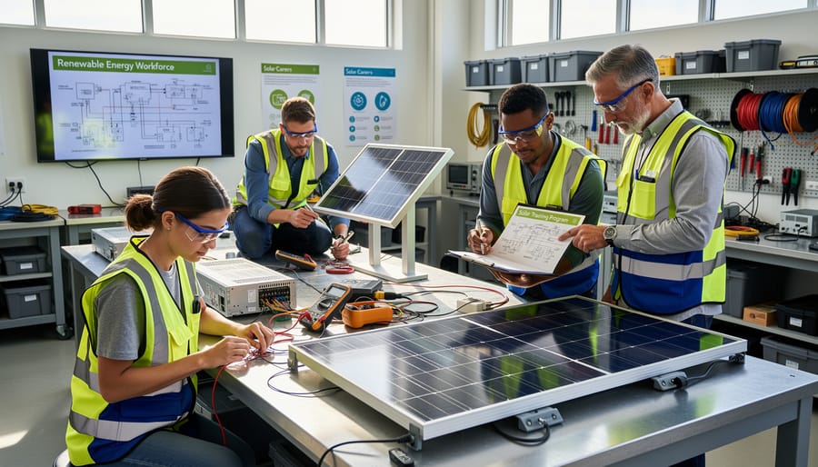 Solar installation team working on a ground-mounted solar array at dusk