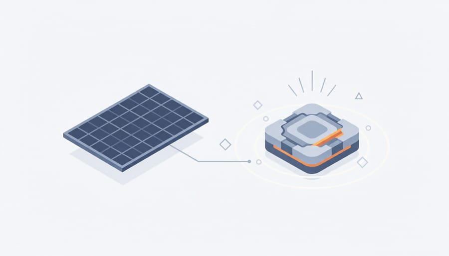 Conceptual solid-state battery model glowing beside a small solar panel on a tabletop.