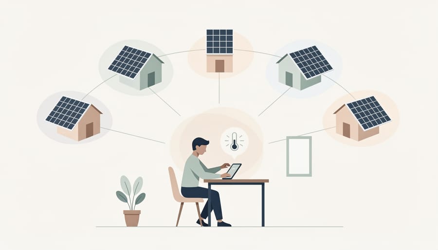 Hand holding a smartphone with no visible text in front of out-of-focus solar panels