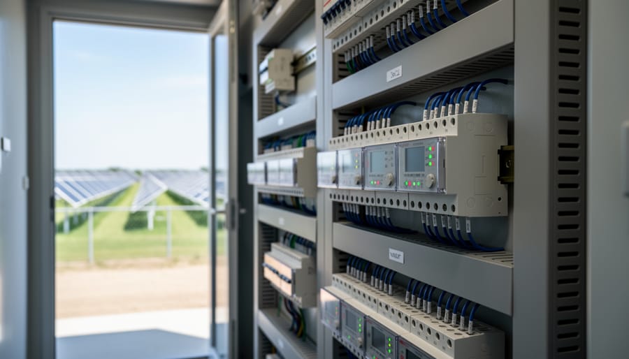 Protective relay modules and control wiring inside a substation cabinet.