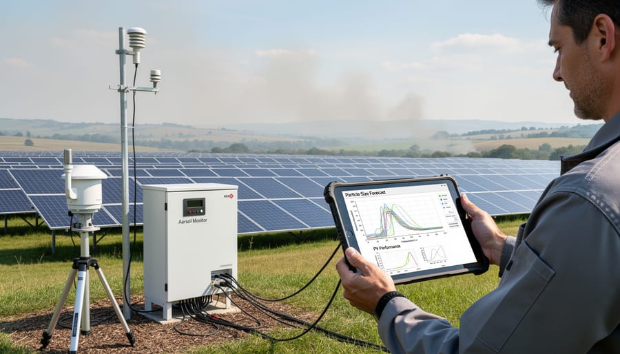 Sun photometer atmospheric measurement instrument on a stand with a hazy sky in the background.