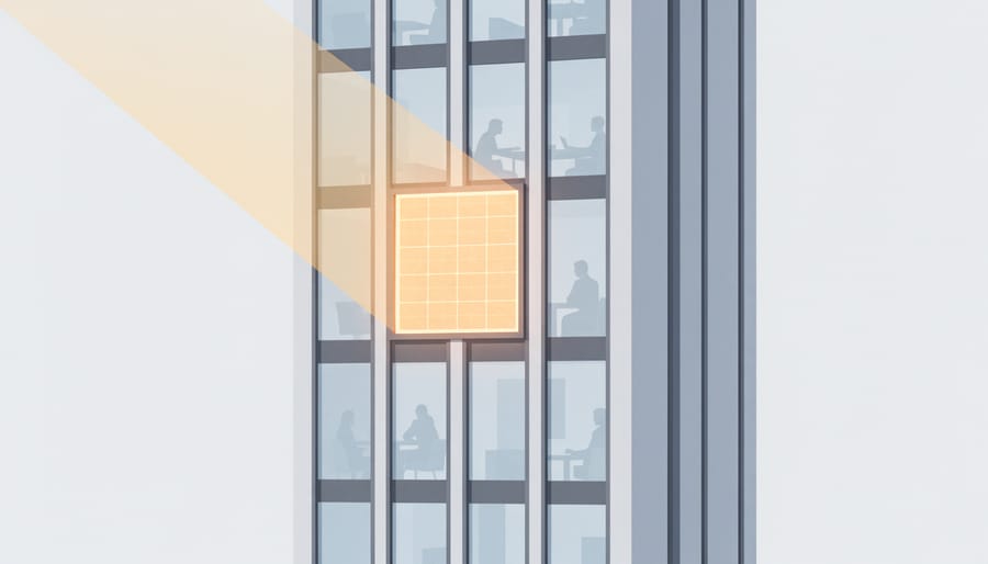 Sunlight illuminating a custom solar window screen assembly on a building facade