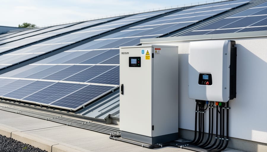 Technician inspecting a battery energy storage unit next to solar power equipment