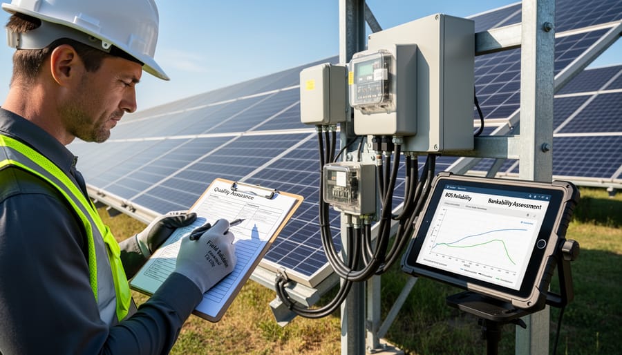 Technicians inspecting solar wiring and connectors near a junction box