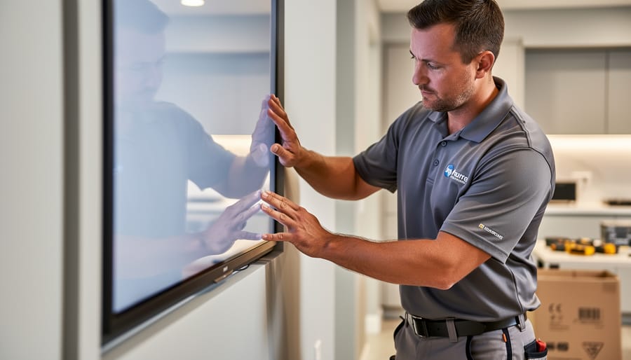 Technician inspecting a custom solar window screen at a building window frame