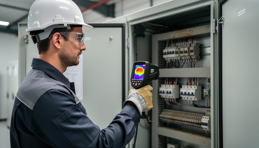 Solar technician inspecting a solar panel with a thermal camera for signs of hotspots