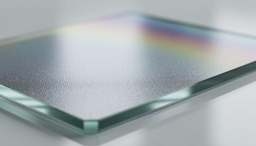 Macro close-up of a glass slide holding an iridescent thin-film material sample on a lab bench.