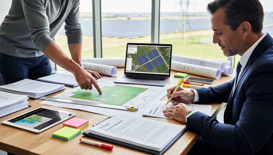Solar developer and attorney reviewing land records and a survey map on a table with a magnifying glass