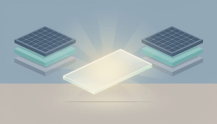 Close-up of a translucent photovoltaic material sample held in gloved hands