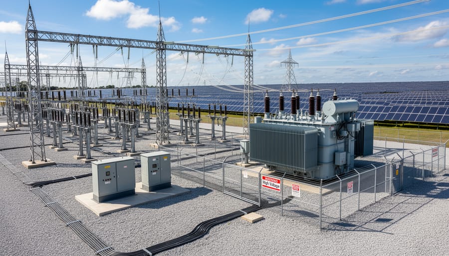 Utility-scale PV substation yard with medium-voltage switchgear and a step-up transformer in the background.