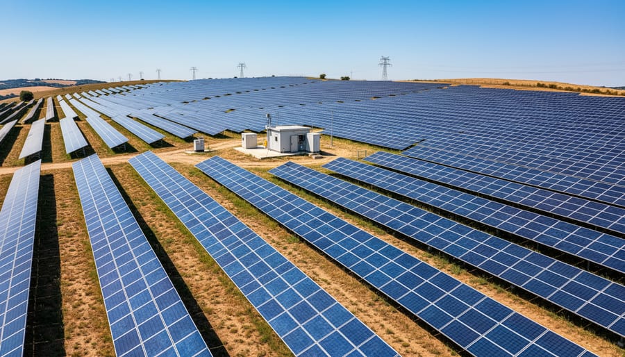 Utility-scale solar farm rows illuminated by sunrise light