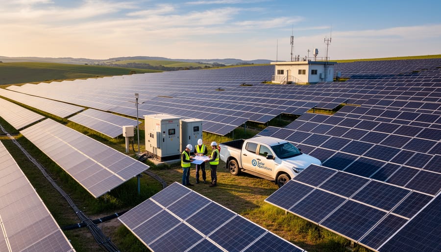 Two people in hard hats standing near solar infrastructure outdoors, with solar panels in the background.