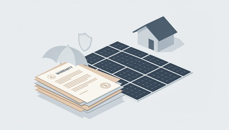 Warranty and insurance documents placed on a workbench with a solar rooftop array blurred in the background.