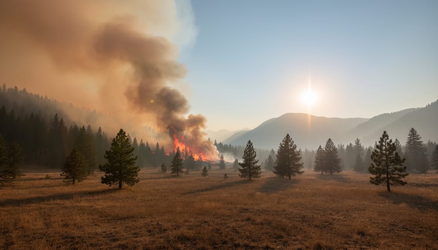 Wildfire smoke drifting across a valley with the sun partially obscured by haze in the distance.