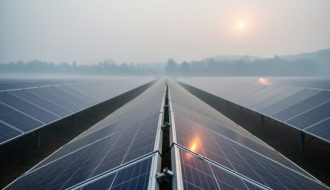 Solar PV panels in a fire-prone landscape under hazy wildfire smoke, with soft light filtering through volumetric mist in the air.
