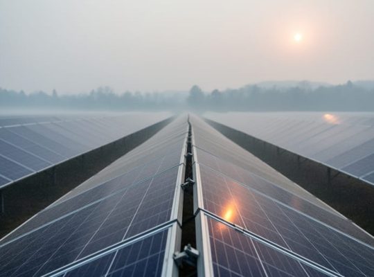 Solar PV panels in a fire-prone landscape under hazy wildfire smoke, with soft light filtering through volumetric mist in the air.