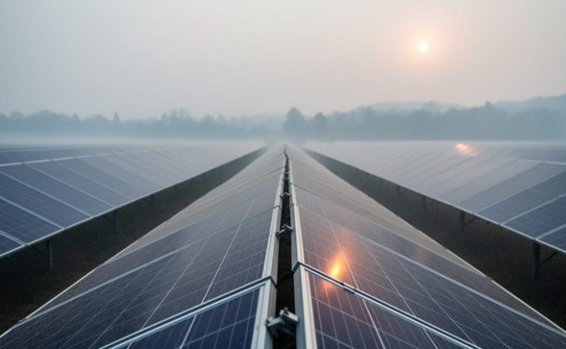 Solar PV panels in a fire-prone landscape under hazy wildfire smoke, with soft light filtering through volumetric mist in the air.