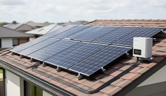 Residential rooftop solar array with eight panels and nearby inverter/charge controller equipment connected by conduit wiring.