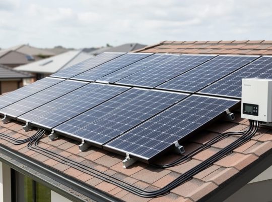 Residential rooftop solar array with eight panels and nearby inverter/charge controller equipment connected by conduit wiring.