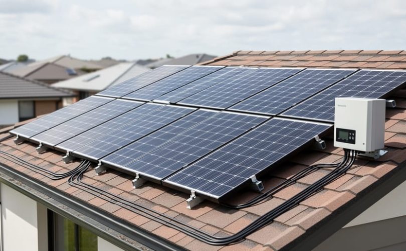 Residential rooftop solar array with eight panels and nearby inverter/charge controller equipment connected by conduit wiring.