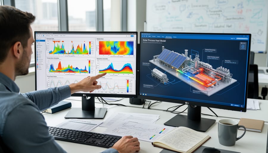 Analyst in a control room working with climate datasets on paper and a tablet with non-readable screens