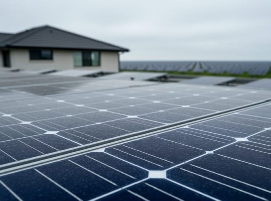 Close-up of a crystalline solar panel module on a rooftop with additional solar arrays softly blurred in the background.