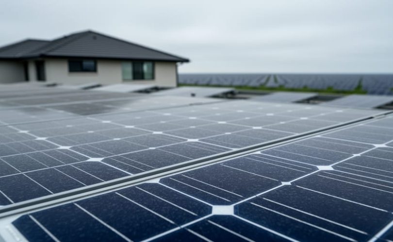 Close-up of a crystalline solar panel module on a rooftop with additional solar arrays softly blurred in the background.