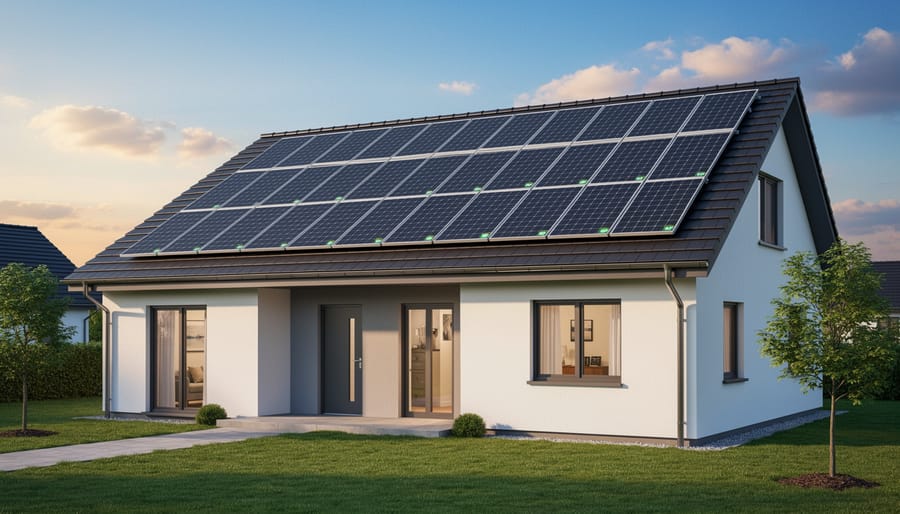 BP solar modules mounted on a rooftop under an overcast sky