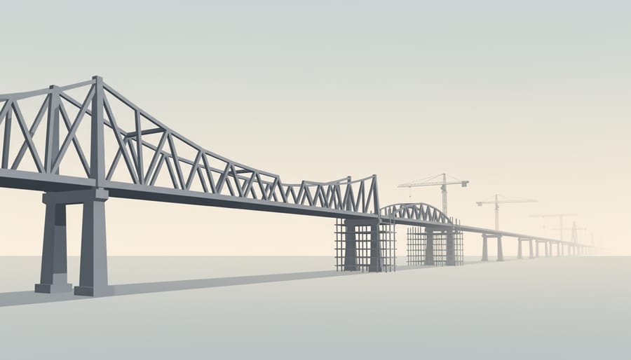 Steel arch bridge under construction with sunlight shining through the arch opening.