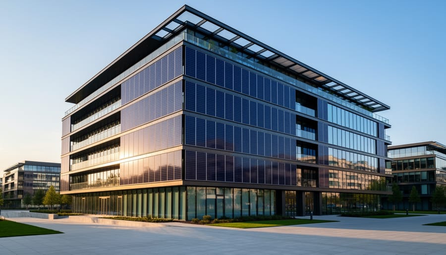 Solar modules integrated into the facade of a commercial building