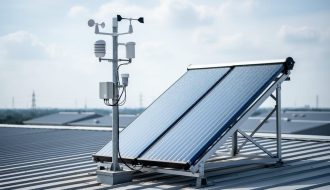 Weather station sensors positioned near a solar panel array to represent using meteorological climate data in solar process heat analytics.