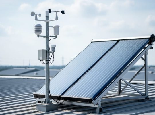 Weather station sensors positioned near a solar panel array to represent using meteorological climate data in solar process heat analytics.