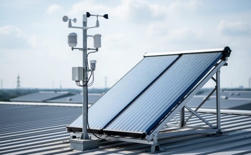 Weather station sensors positioned near a solar panel array to represent using meteorological climate data in solar process heat analytics.