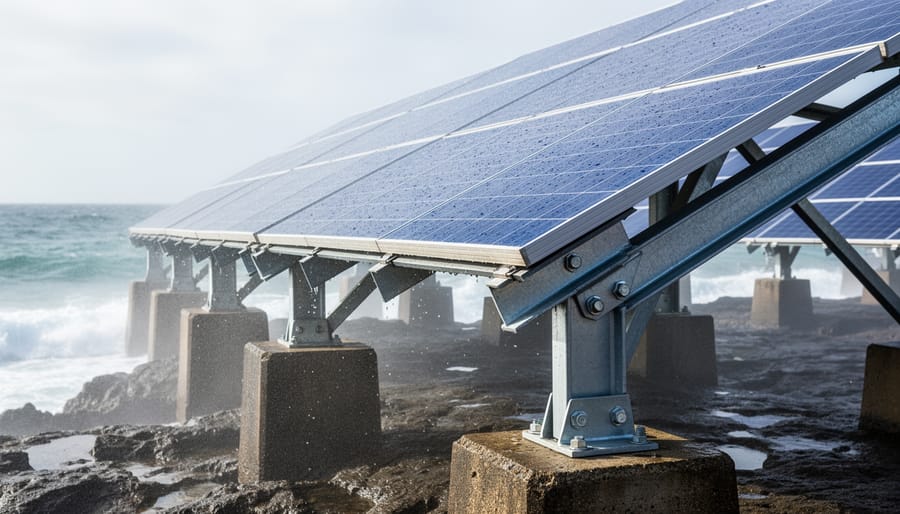 Wide view of solar panels in a coastal environment with moisture and coastal haze