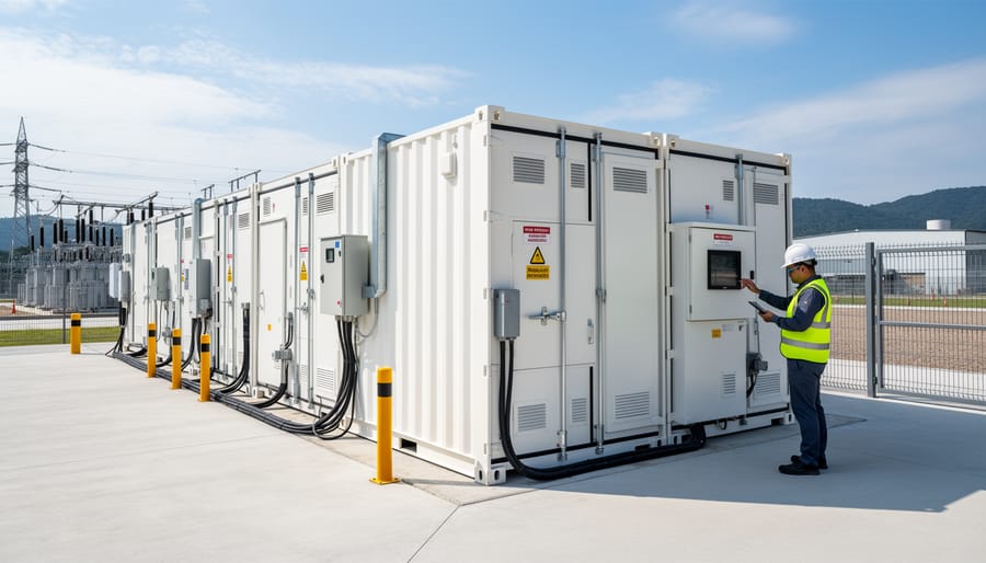 Battery modules installed in a commercial energy storage container with visible rack hardware and cooling components