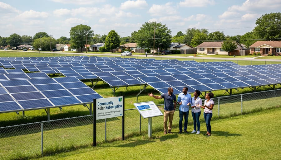 Ground-mounted community solar panels in a field under golden hour light