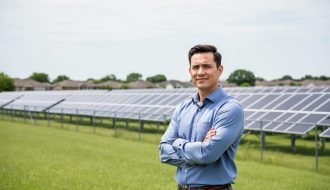 Person standing near a utility-scale community solar field with large solar panels and distant residential homes in the background.