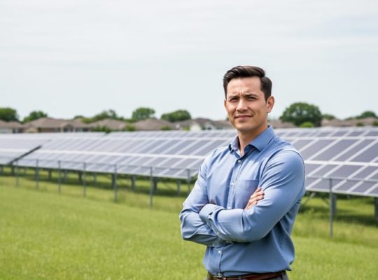 Person standing near a utility-scale community solar field with large solar panels and distant residential homes in the background.