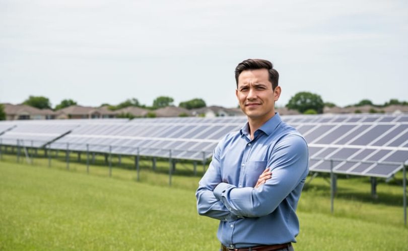 Person standing near a utility-scale community solar field with large solar panels and distant residential homes in the background.