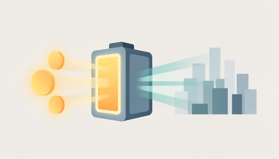 Abstract conceptual image symbolizing stored energy with a dark battery-like form and a curved cyan light beam