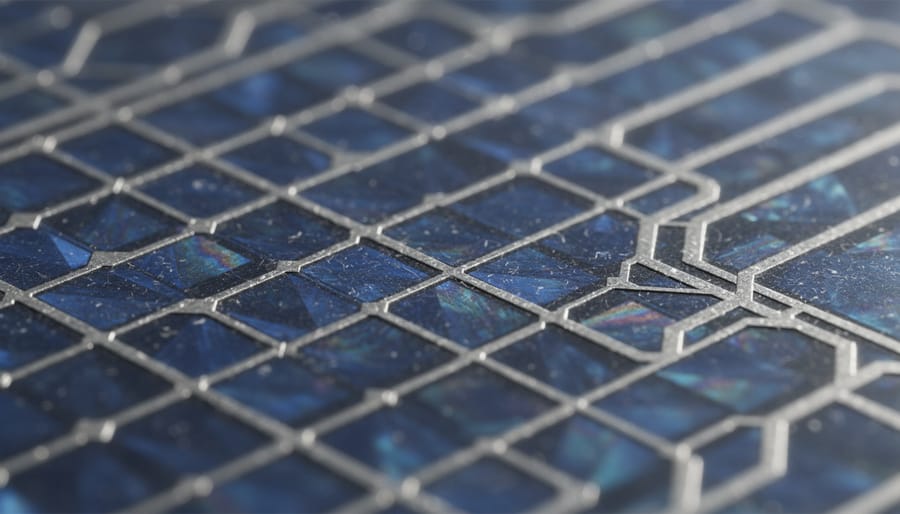 Close-up macro of a crystalline silicon solar cell surface