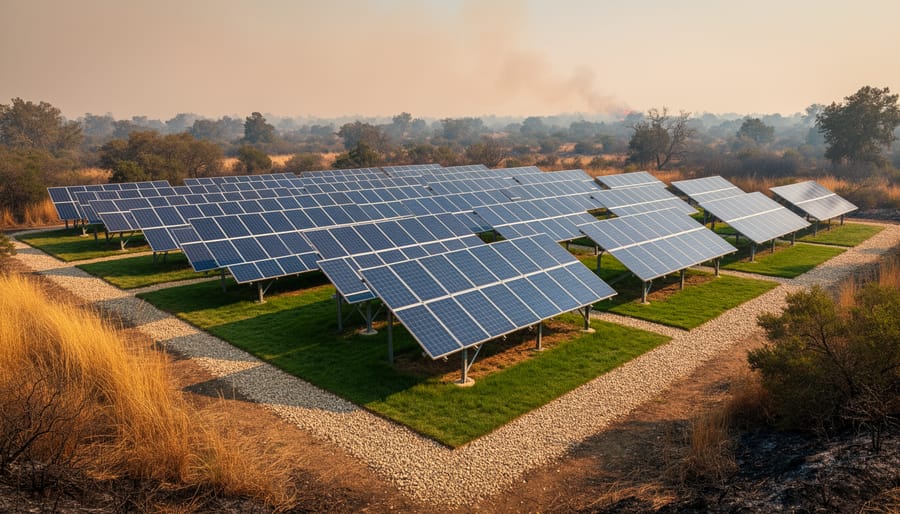 Solar farm with smoke haze in the background and scorched vegetation near the edge of a cleared area
