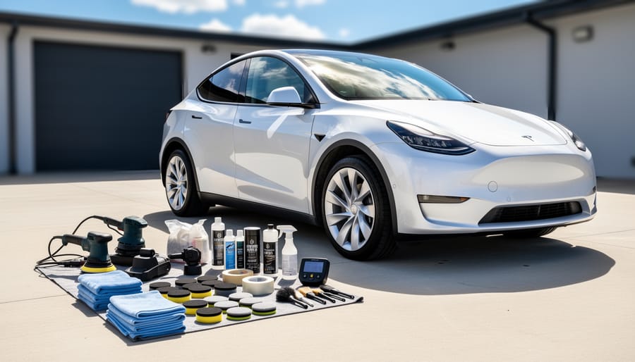 Automotive detailing tools and supplies arranged beside a Tesla Model Y fender