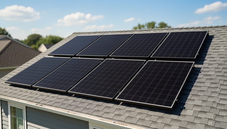 Eight solar panels installed on a residential rooftop with mounting rails visible