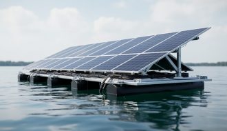 Floating solar panels on a barge over calm water with visible underside mounting and cable routing that suggests electrical isolation from the water.