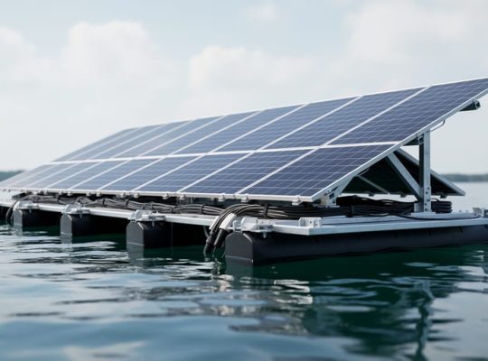Floating solar panels on a barge over calm water with visible underside mounting and cable routing that suggests electrical isolation from the water.