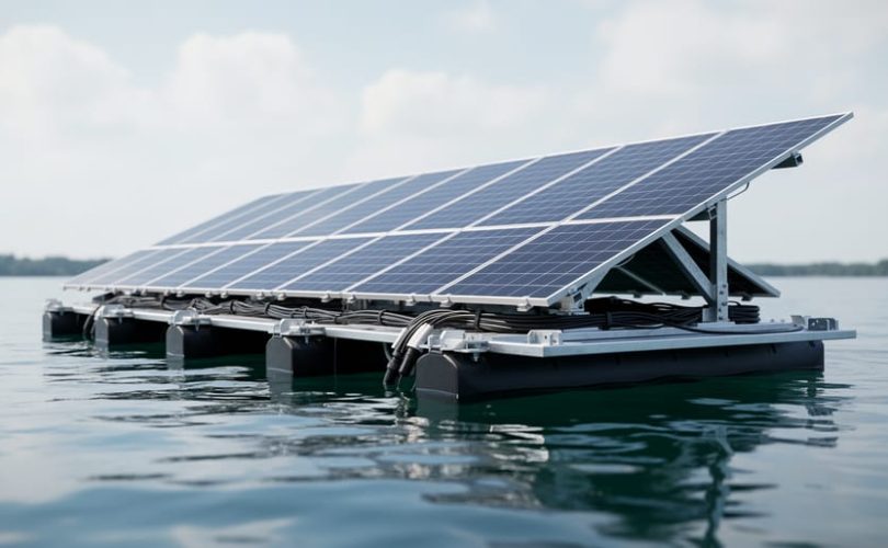 Floating solar panels on a barge over calm water with visible underside mounting and cable routing that suggests electrical isolation from the water.