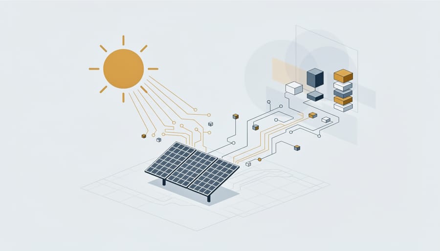 Solar engineer inspecting PV electrical components near solar panels while holding a tablet without readable text.