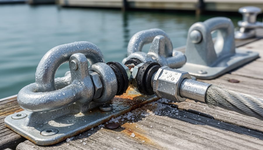 Close-up of mooring chain and insulating fittings on a floating solar support with wet water reflections