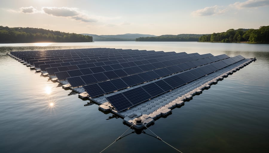 Floating solar panels installed on a calm lake with mooring lines visible